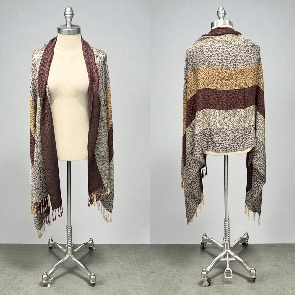 Pashmina Cahmere Animal‎ Print Stripe Wrap Scarf One Size Brown Tassel Fringe